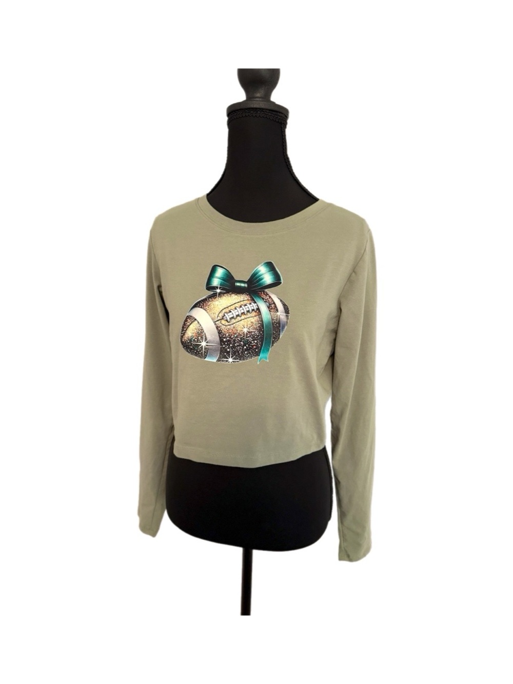 Long-Sleeve Graphic Crop Top with Bow Football Decal